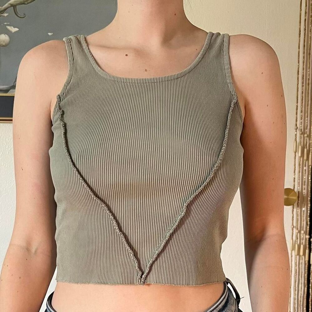 Gilded Intent Sage Green Ribbed Knit Tank Crop Top Size M Grunge 100% Cotton